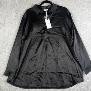Pleione Tunic Blouse Womans 1X Black Chiffon Collar Pullover Stretch Long Sleeve